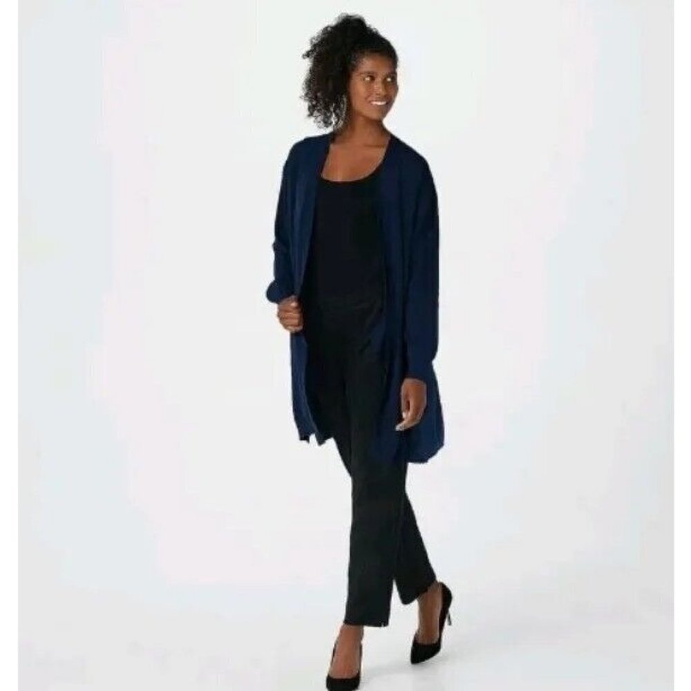 Truth + Style Regular Mixed Media Sweater Knit Duster w/ Sat Navy Small